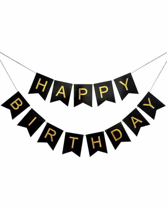 Black and gold banner displaying "HAPPY BIRTHDAY" in bold letters, perfect for festive celebrations.