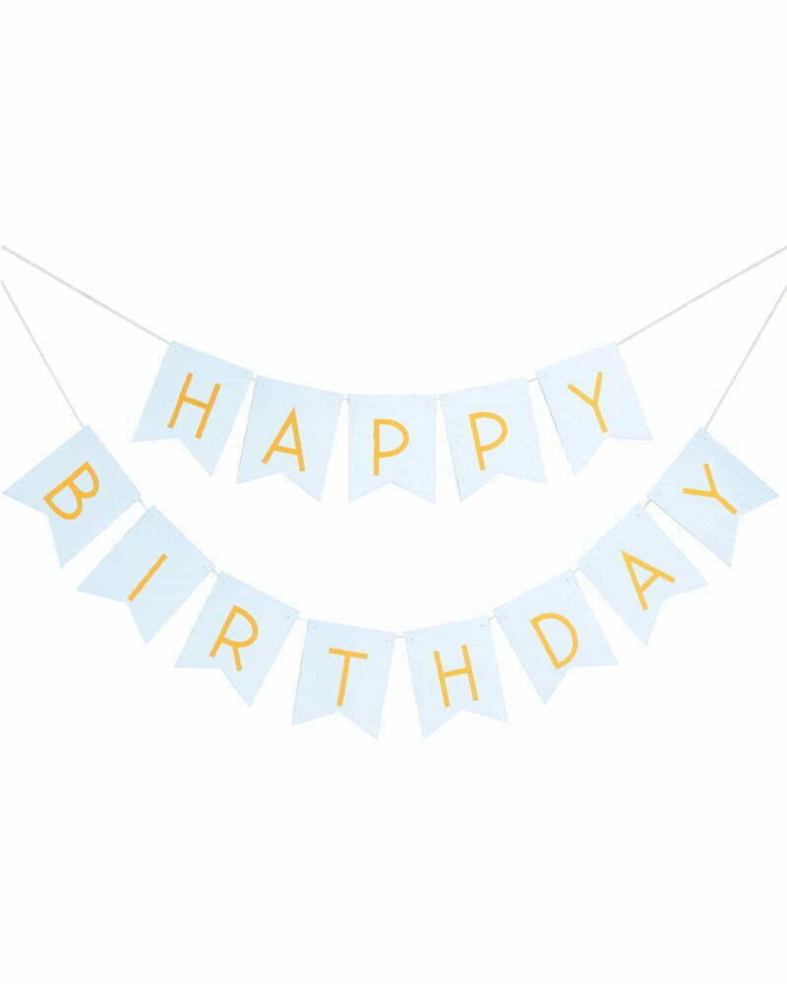 Light blue banner with gold letters spelling "Happy Birthday" on triangular flags, perfect for celebrations.