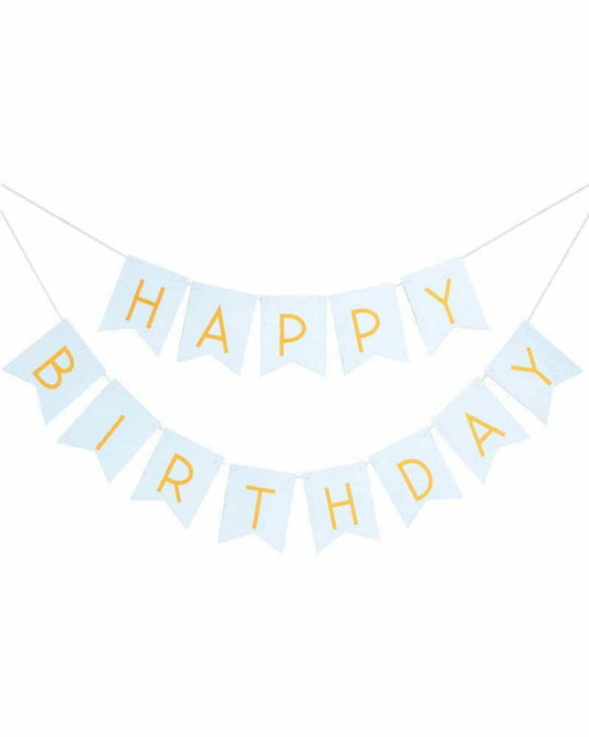 Light blue banner with gold letters spelling "Happy Birthday" on triangular flags, perfect for celebrations.