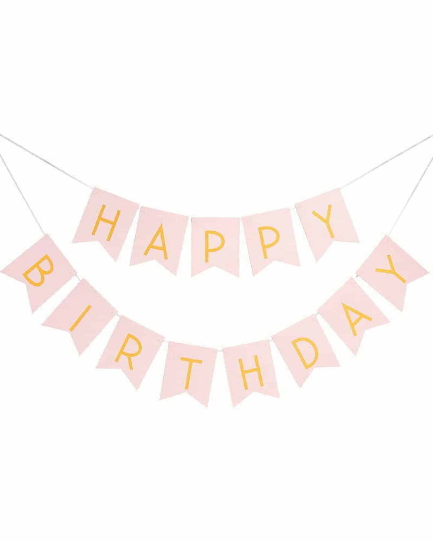 Light pink banner with golden letters spelling "HAPPY BIRTHDAY," hanging on a string.