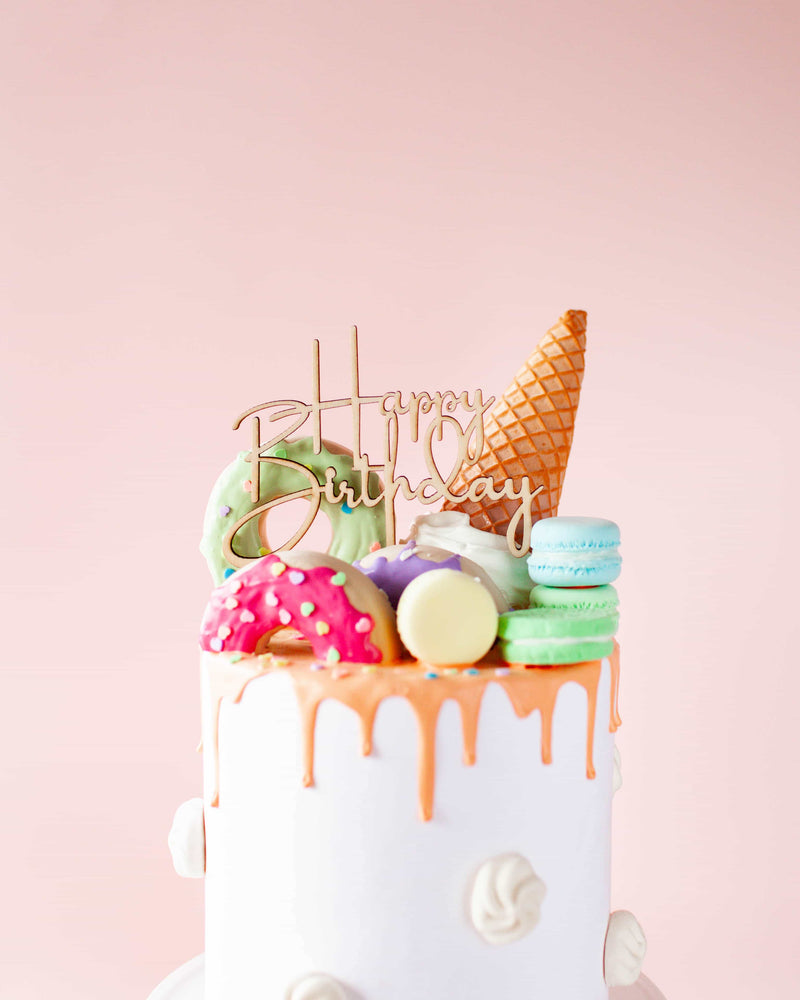
            
                Load image into Gallery viewer, Happy Birthday Script Wooden Cake Topper - A Little Whimsy
            
        
