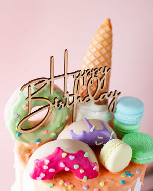 
            
                Load image into Gallery viewer, Happy Birthday Script Wooden Cake Topper - A Little Whimsy
            
        