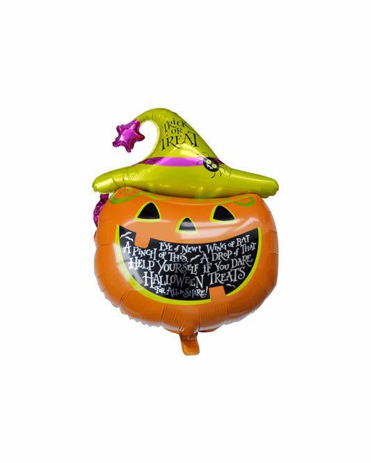 A cheerful pumpkin balloon with a witch's hat, featuring playful Halloween text and vibrant colors.