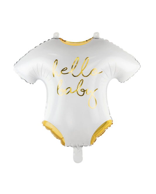 White baby onesie-shaped balloon with golden "hello baby" text and yellow accents.