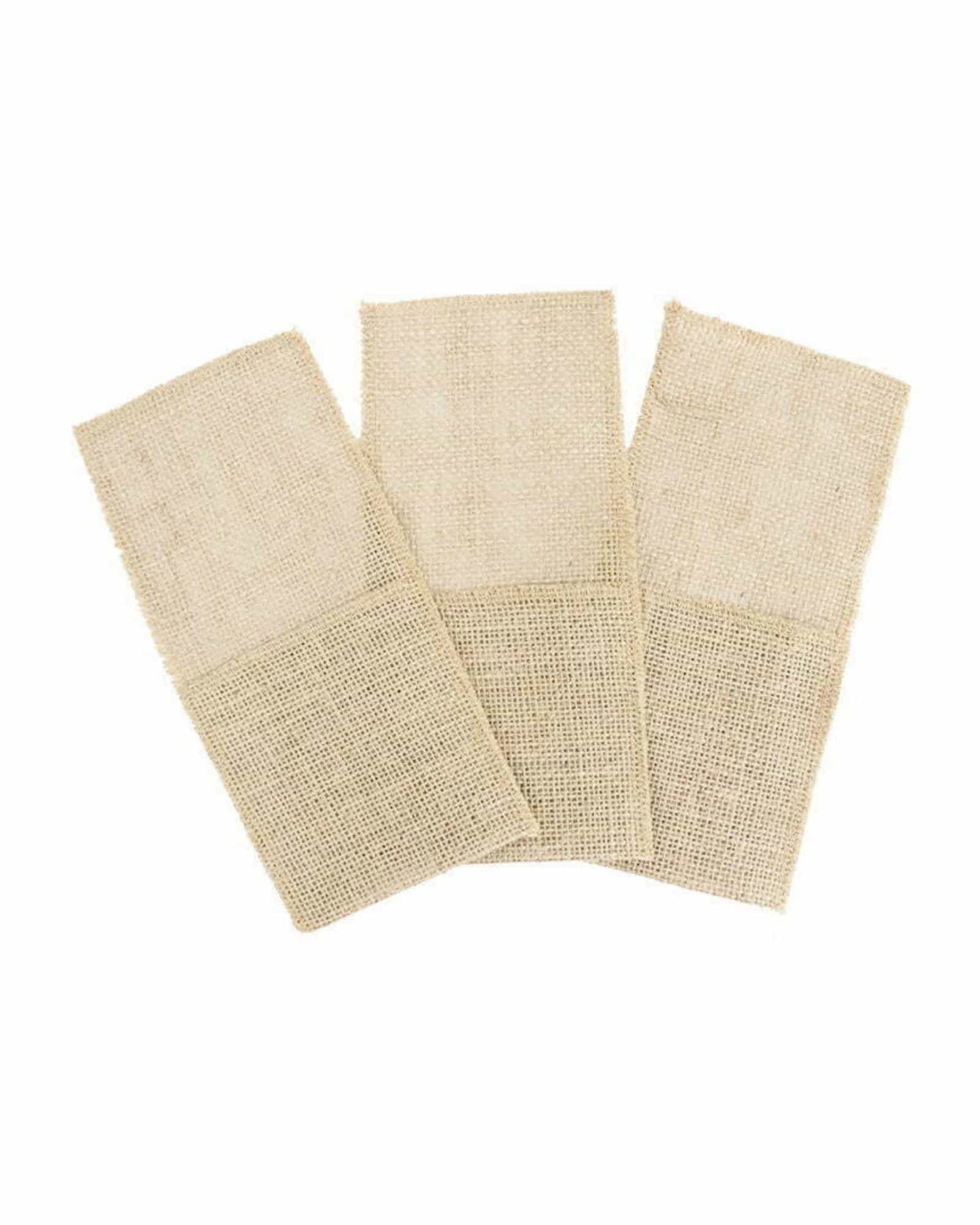 Three natural-colored hessian cutlery bags with a textured finish, arranged overlapping on a white background.