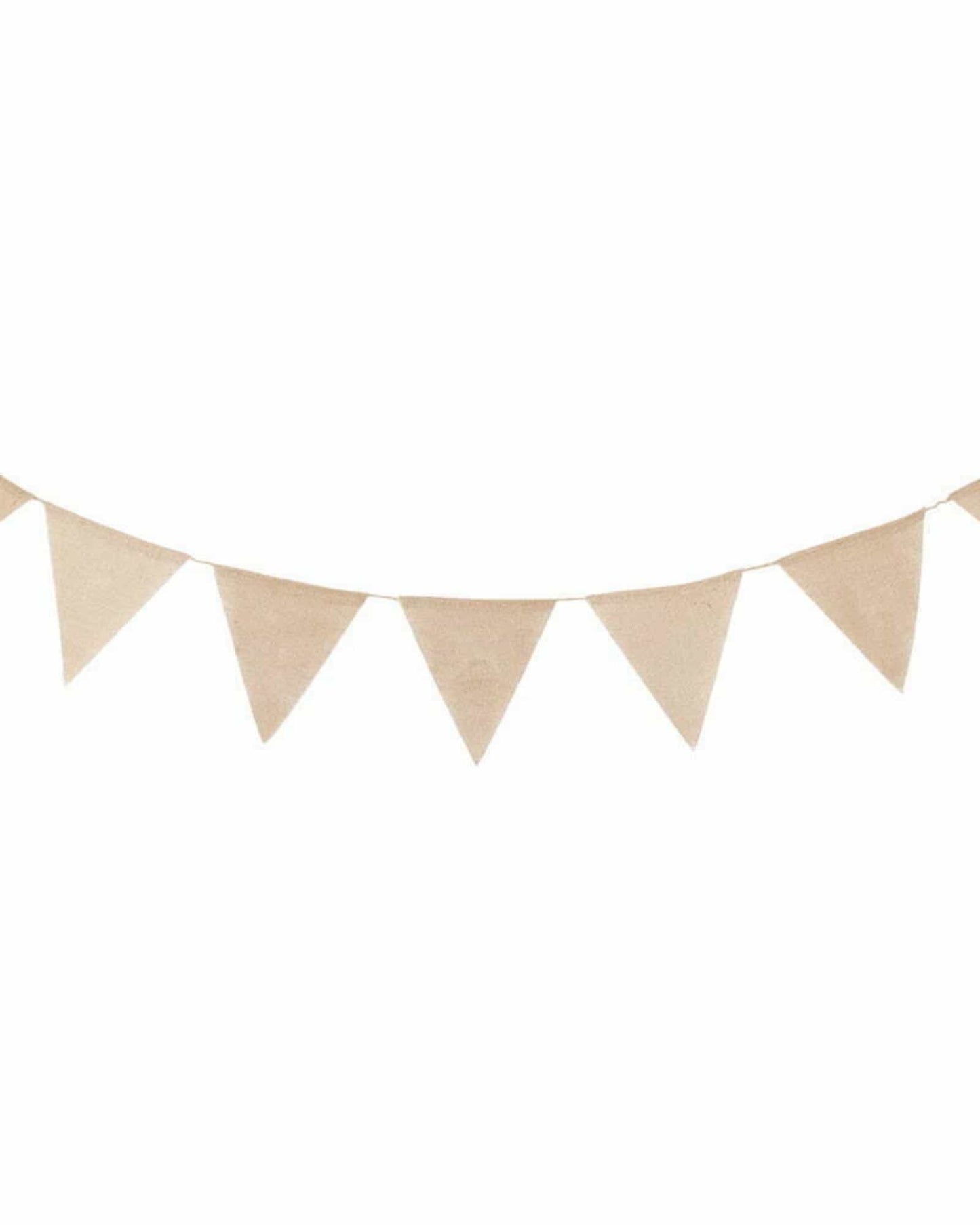 Neutral burlap pennant bunting in a triangular shape, strung together for decorative display.