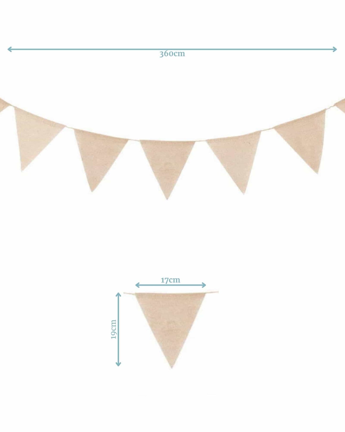 Measurements of a beige triangular banner with a total length of 360cm and individual flags measuring 17cm by 19cm.