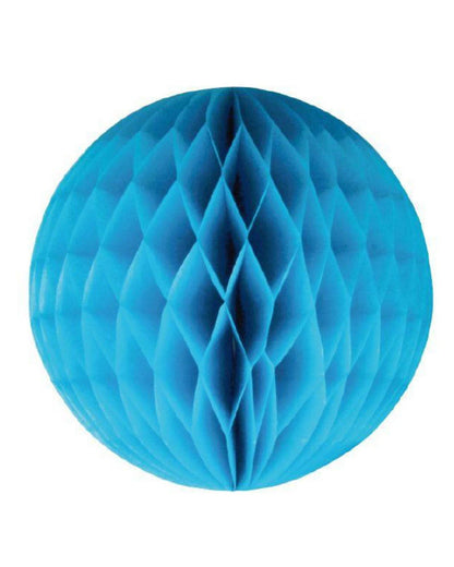 Bright blue honeycomb ball with textured folds, creating a striking spherical decoration.