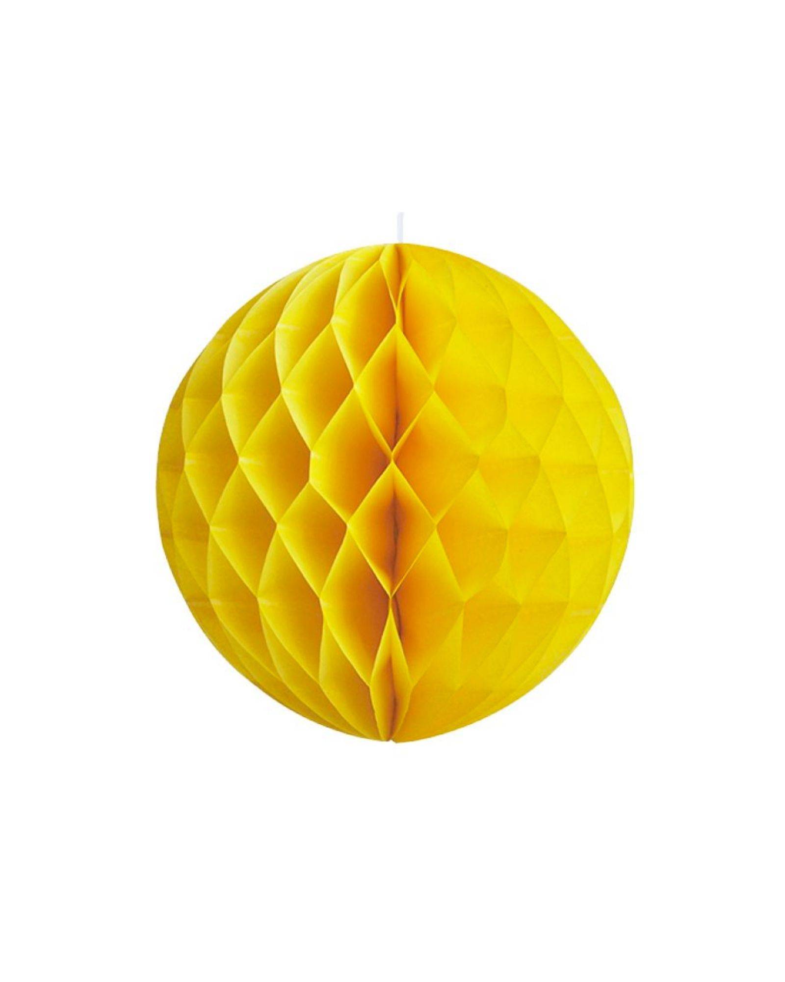 A vibrant yellow, honeycomb-shaped sphere with intricate, diamond-like folds, suspended against a white background.