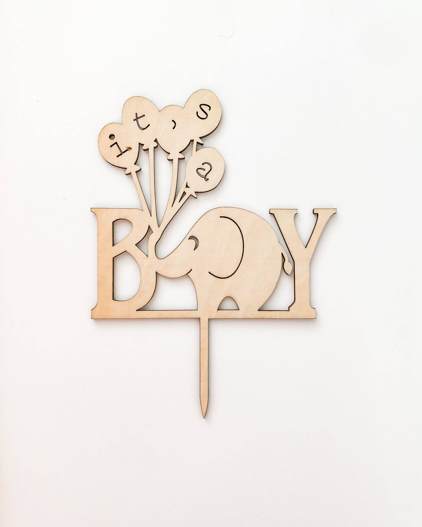 Wooden cake topper featuring a baby elephant and balloons with the text "it's a boy" in a playful, cheerful design.