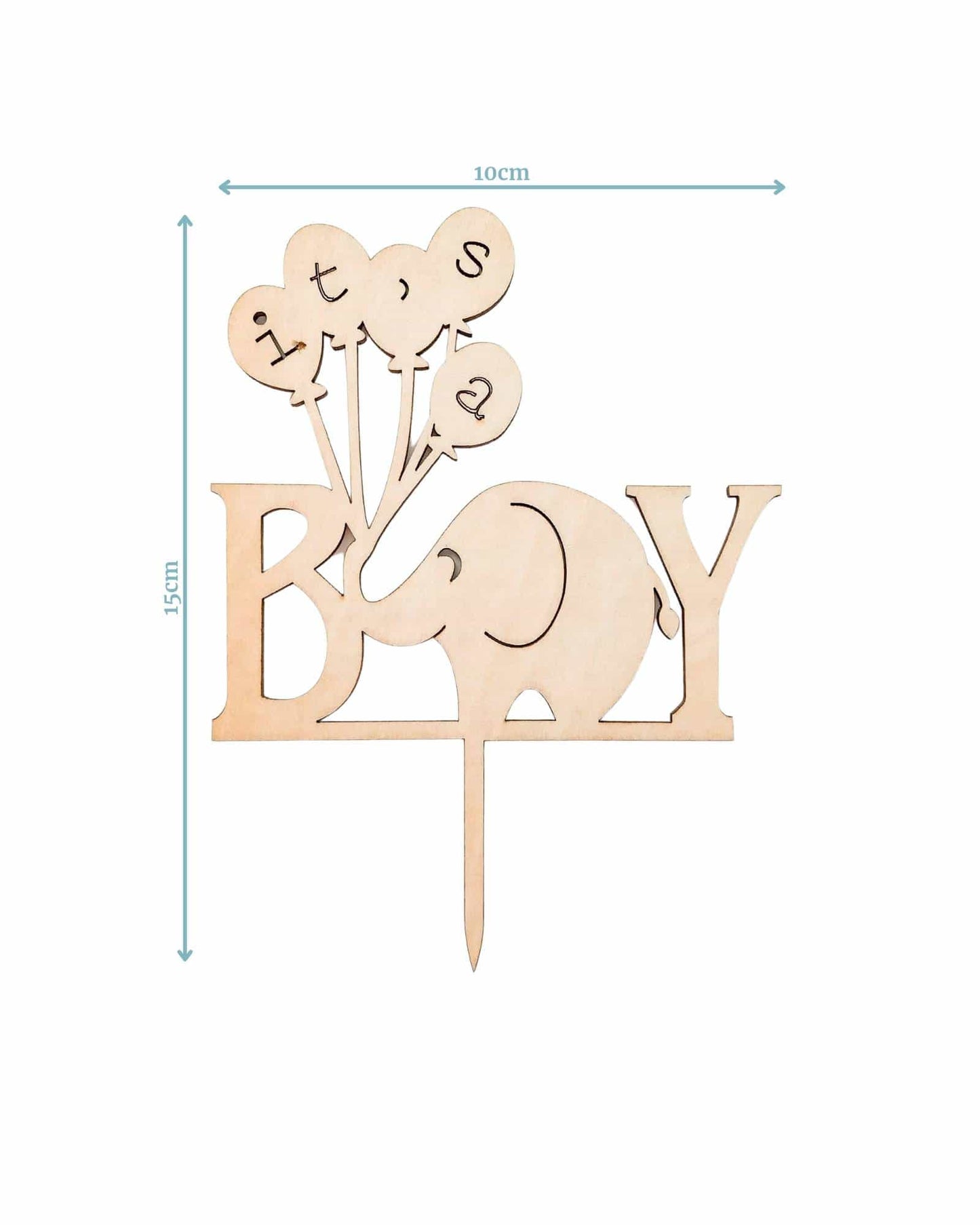 Wooden cake topper featuring an elephant holding balloons with the text "it's a BOY," measuring 10cm by 15cm.