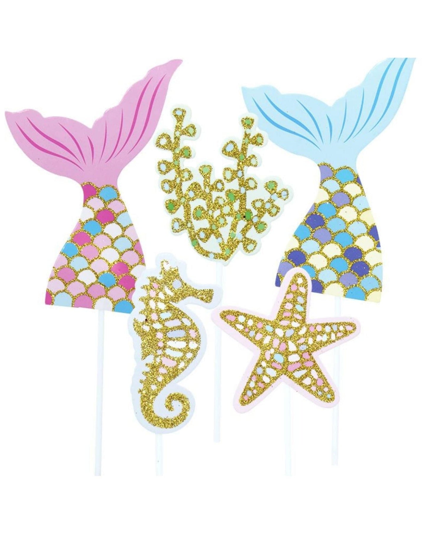 Colorful mermaid tails, seahorse, starfish, and corals with glitter accents on white sticks, perfect for ocean-themed celebra