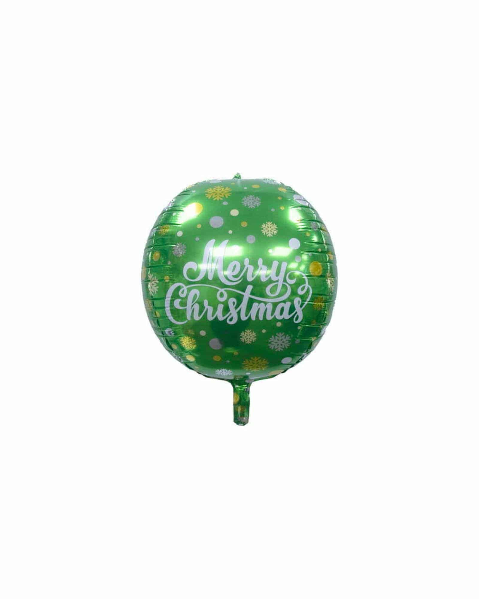 Green balloon with "Merry Christmas" text and festive snowflake patterns in gold and white.