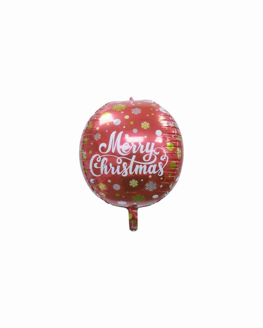 Red foil balloon featuring "Merry Christmas" in white, adorned with colorful snowflakes and polka dots.