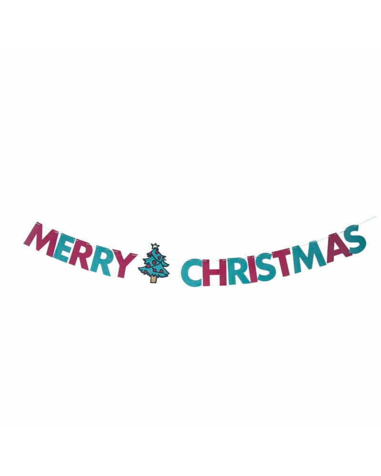 Colorful banner spelling "Merry Christmas" with a decorative Christmas tree between the words.