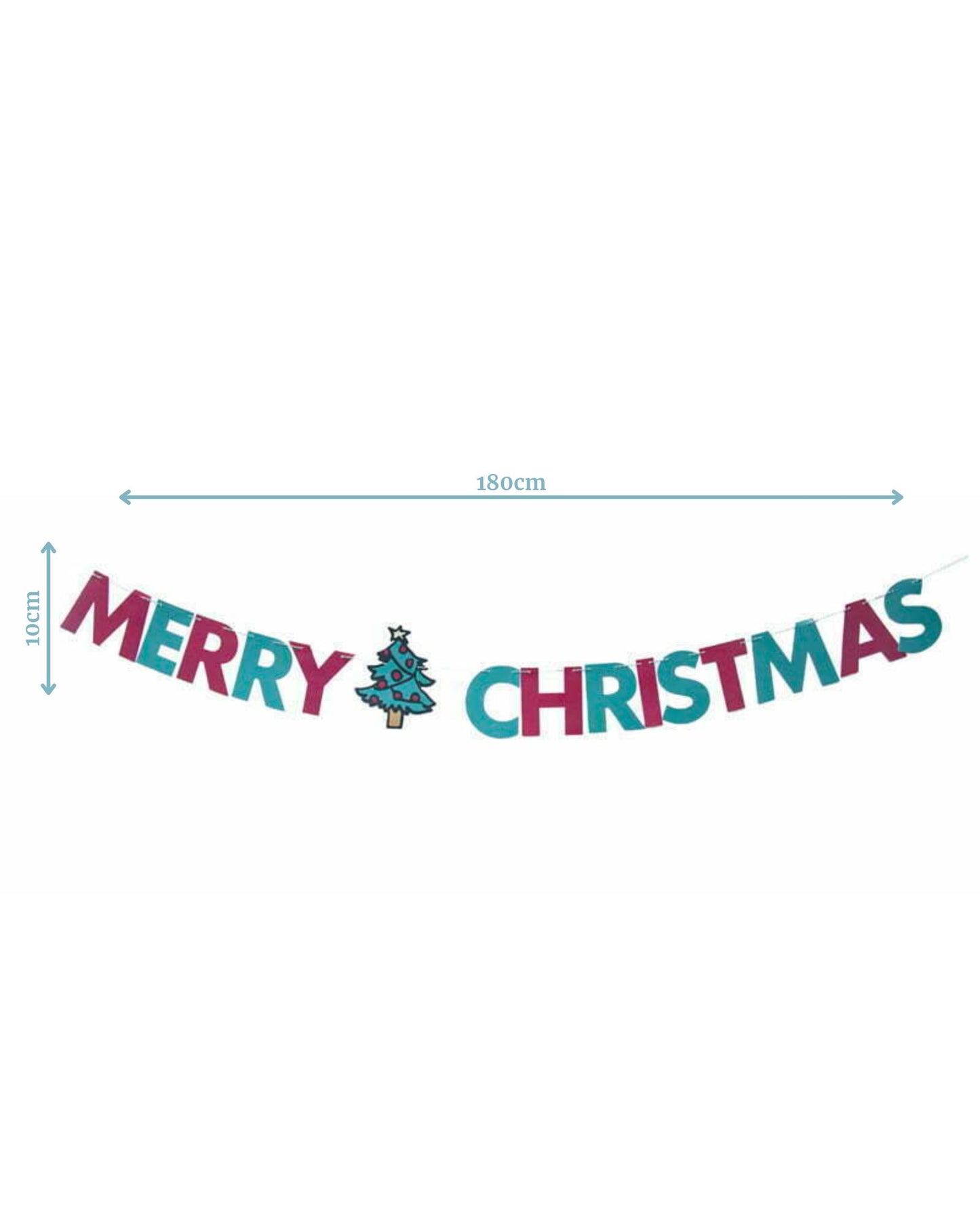 Colorful "Merry Christmas" banner with a small tree graphic, measuring 180cm wide and 10cm tall.