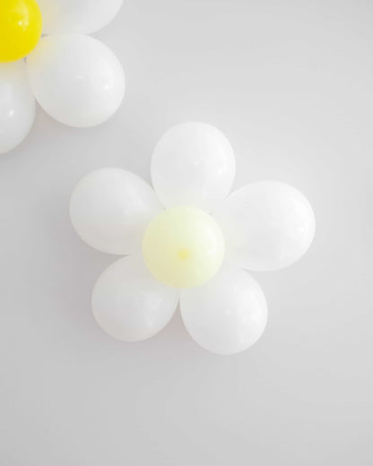 Two balloon flowers in white and yellow against a soft gray background, creating a cheerful and playful atmosphere.