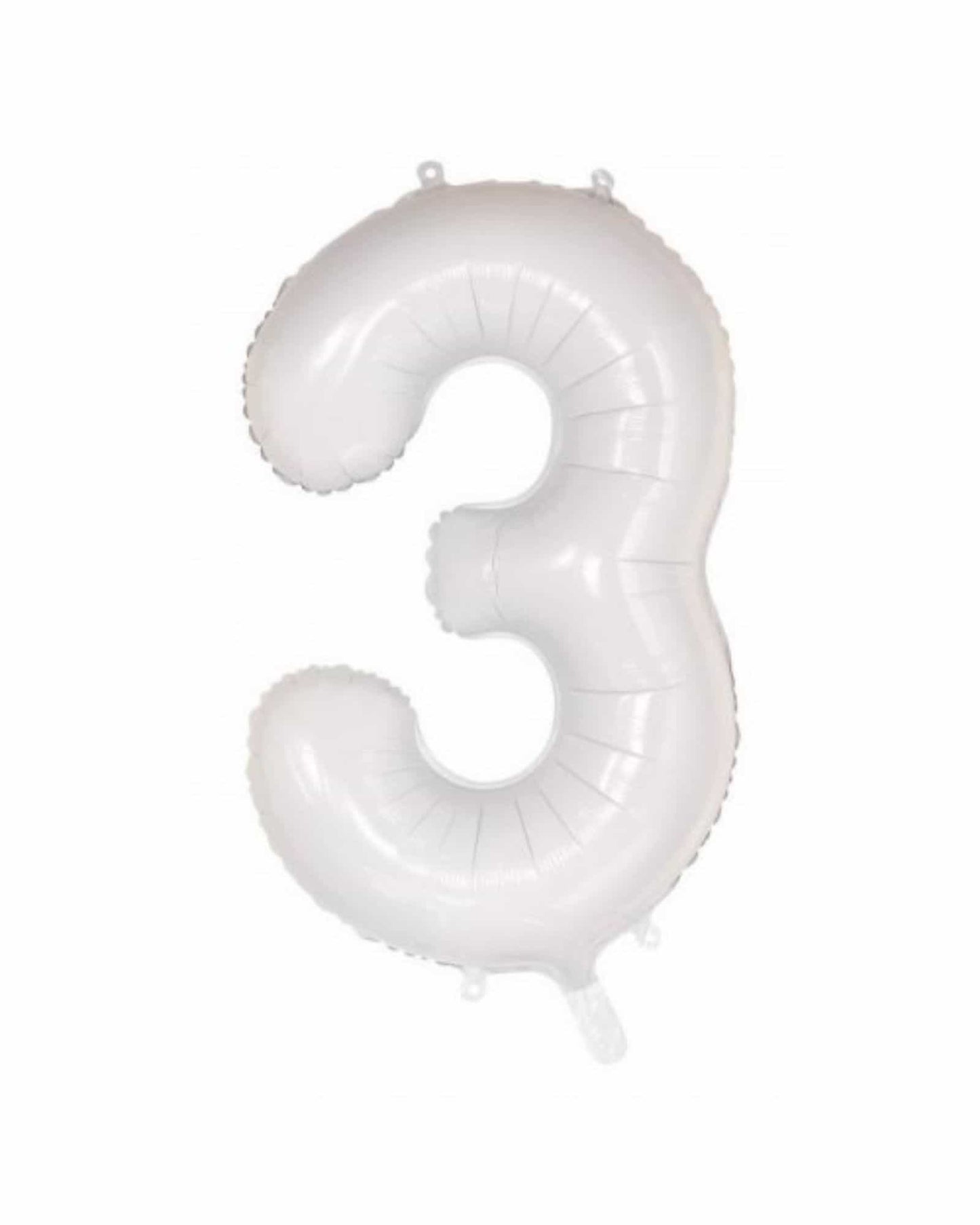 Large white foil balloon shaped like the number three, featuring a glossy finish and curved edges.