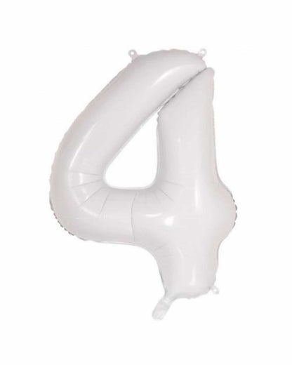 Large white foil balloon shaped like the number four, featuring a smooth, glossy surface and rounded edges.