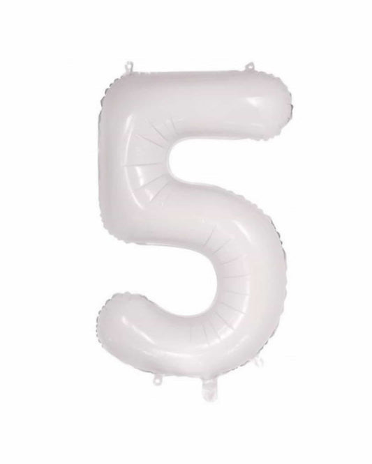 Large white foil balloon shaped like the number five, featuring a smooth, glossy surface.