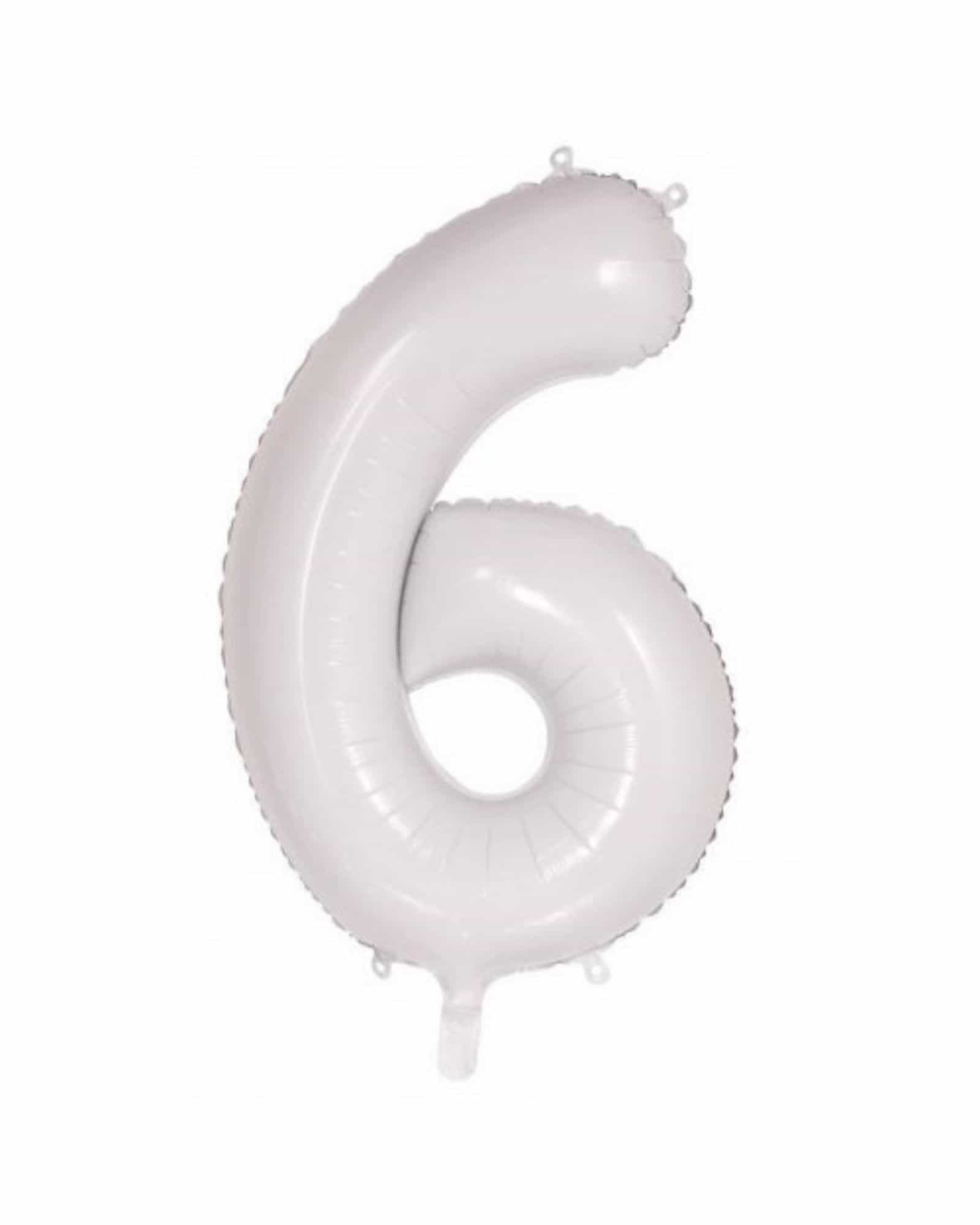 Large white number six balloon with a smooth surface and rounded edges, ideal for celebrations and decorations.