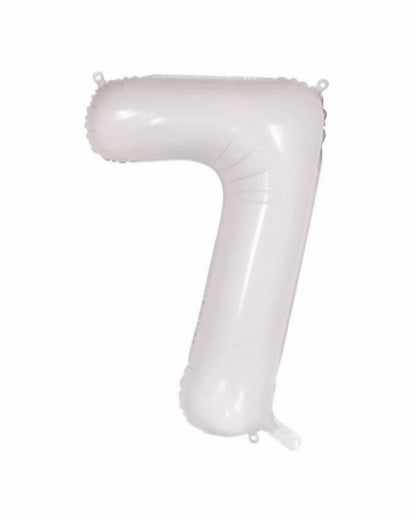 Large white foil balloon shaped like the number seven, smooth surface with a slight sheen, ideal for celebrations.