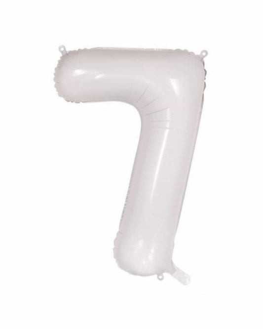 Large white foil balloon shaped like the number seven, smooth surface with a slight sheen, ideal for celebrations.