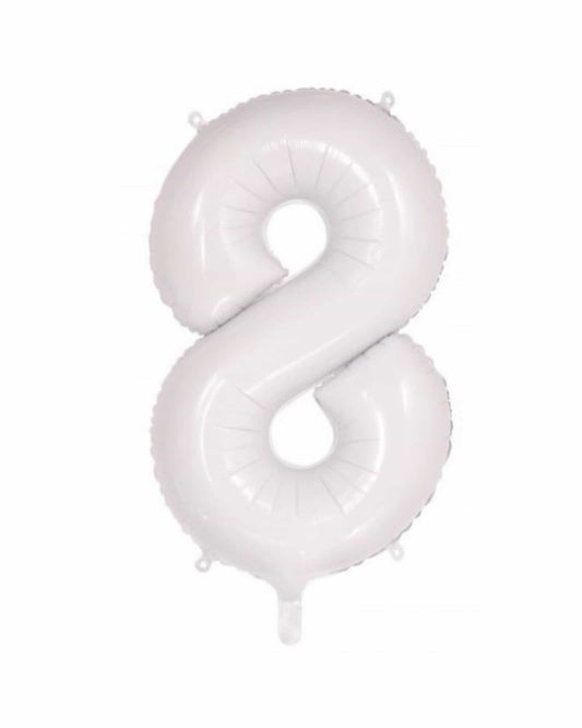 Large white foil balloon shaped like the number eight, featuring a glossy surface and subtle detailing.