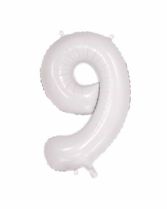 Large white foil number 9 balloon with a glossy finish, featuring rounded edges and a hollow center.