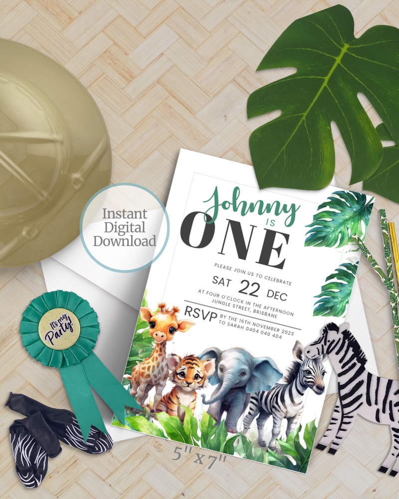 Colorful invitation featuring playful animals, tropical leaves, and festive elements for a birthday celebration.