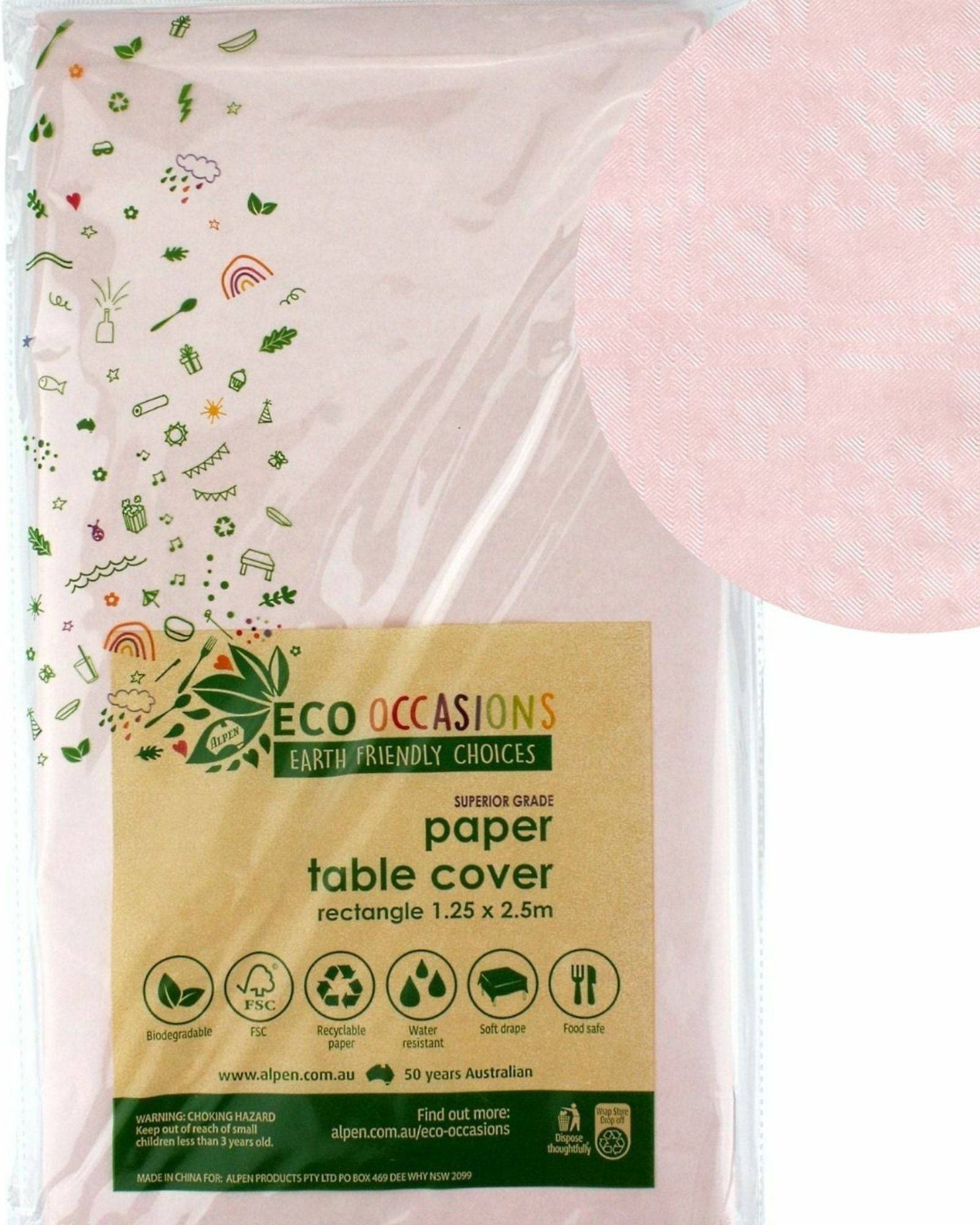 Light pink table cover featuring playful green illustrations, packaged for easy use at events and gatherings.