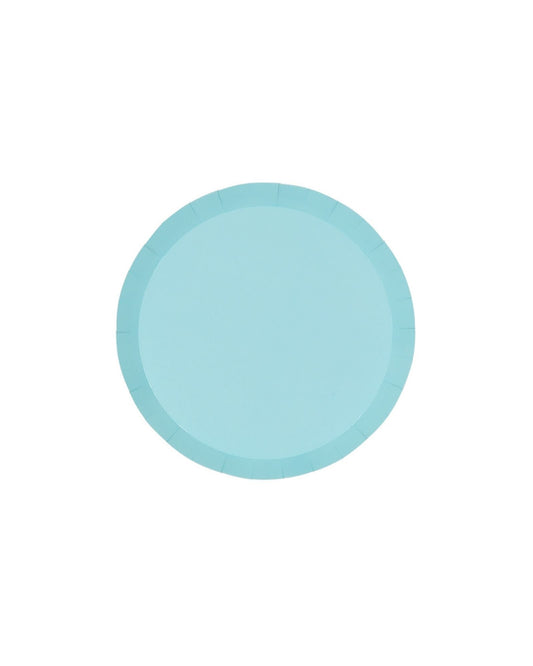 Round pastel blue snack plate with a smooth surface and slightly scalloped edge, perfect for gatherings or celebrations.