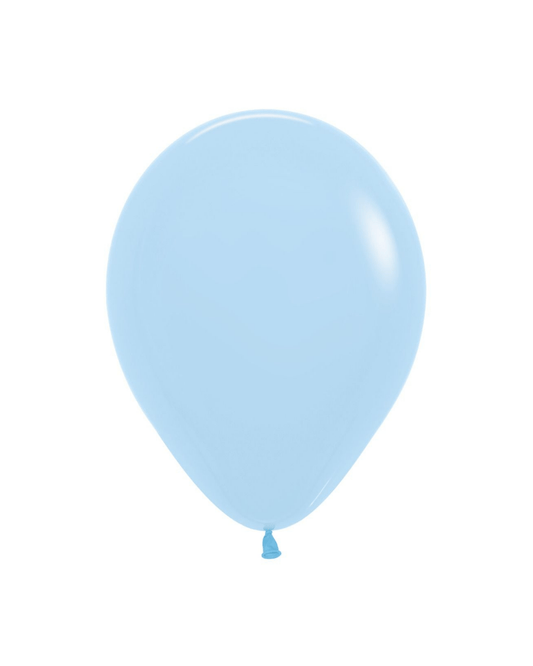 Pastel matte blue balloon with a smooth, glossy surface, hanging against a plain white background.