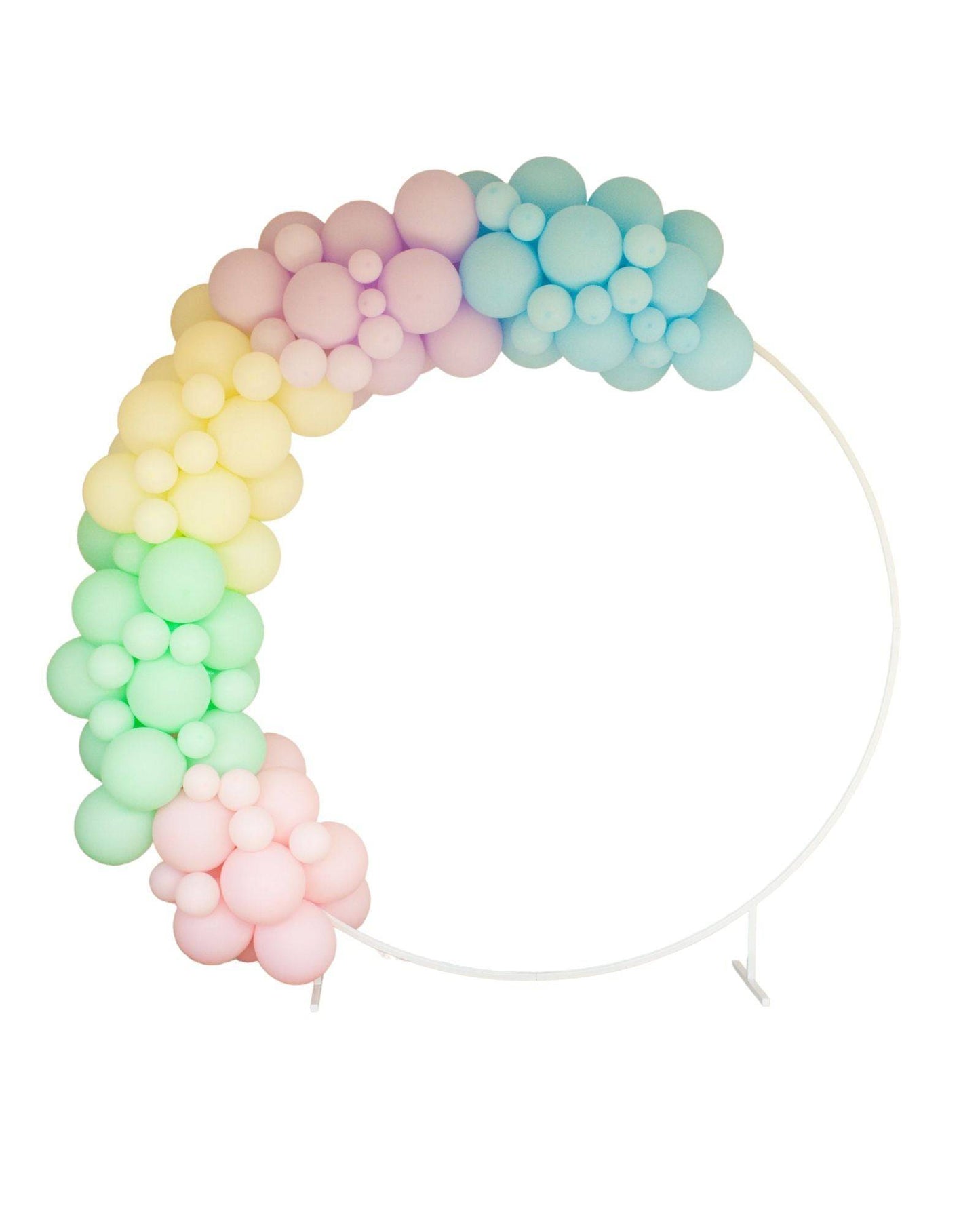 Pastel rainbow balloon garland with soft colors arranged in a circular shape against a white background.