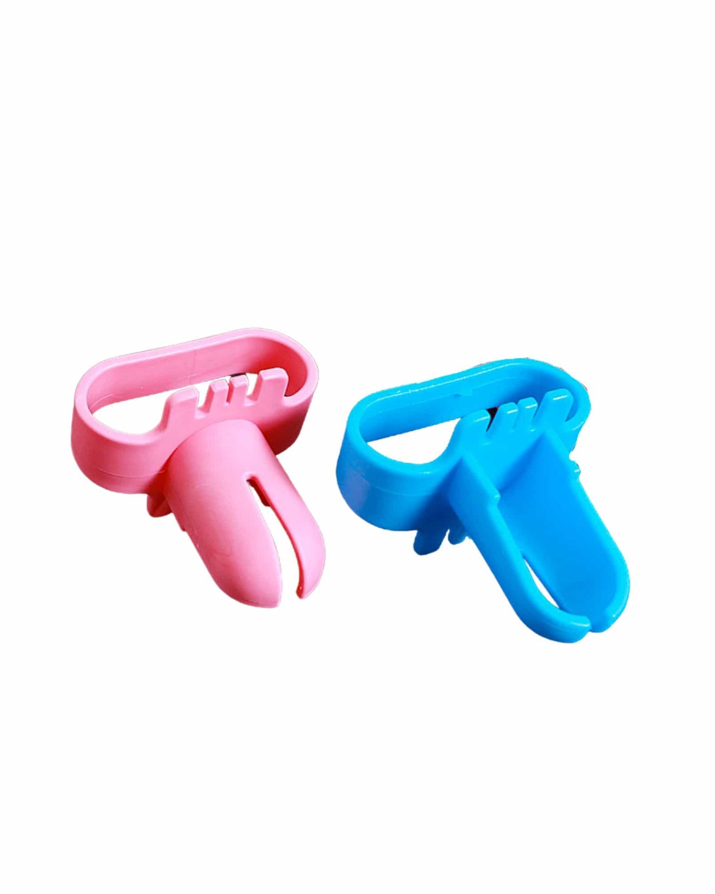 A pink and blue balloon knotting tool with a unique gripping design for easy handling and use.