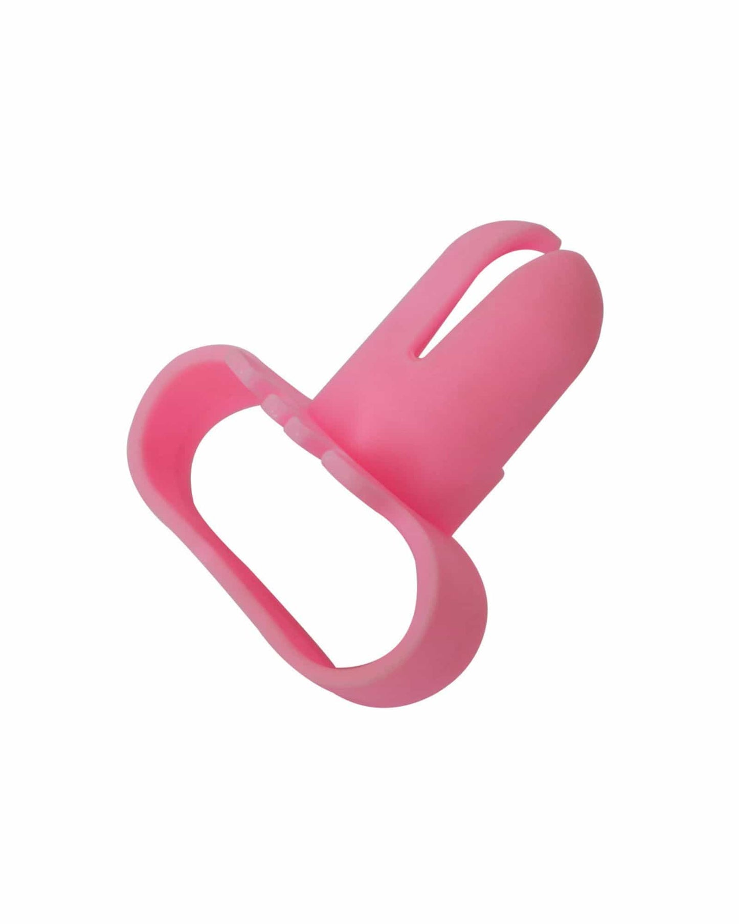 Bright pink tool with a looped handle and a slot, designed for easy knotting or fastening.