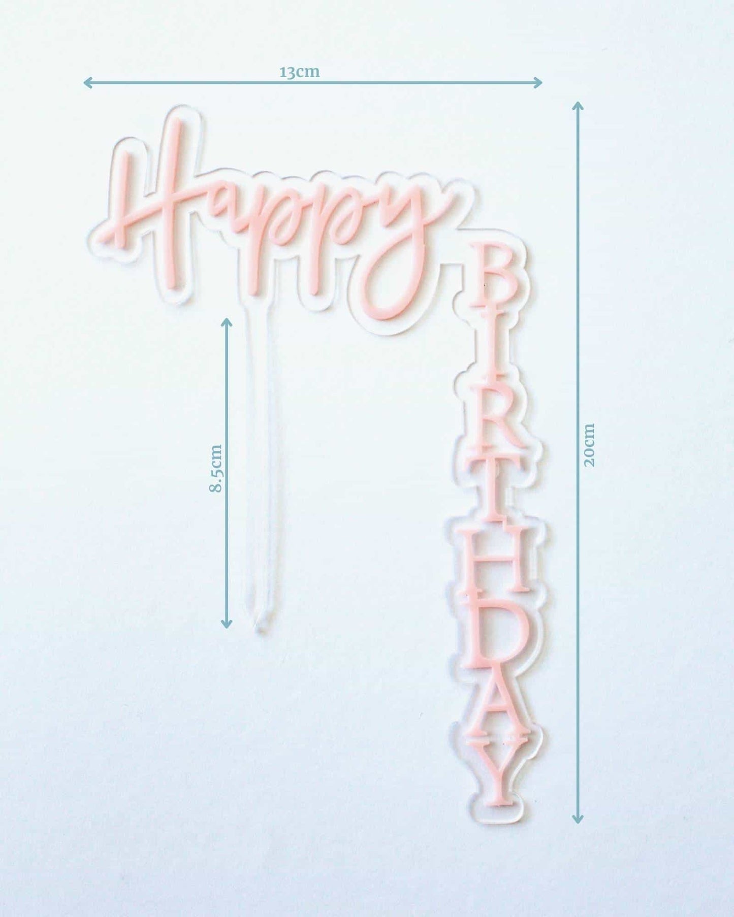 A pink "Happy Birthday" topper with measurements displayed: 13cm wide, 20cm tall, and 8.5cm depth.