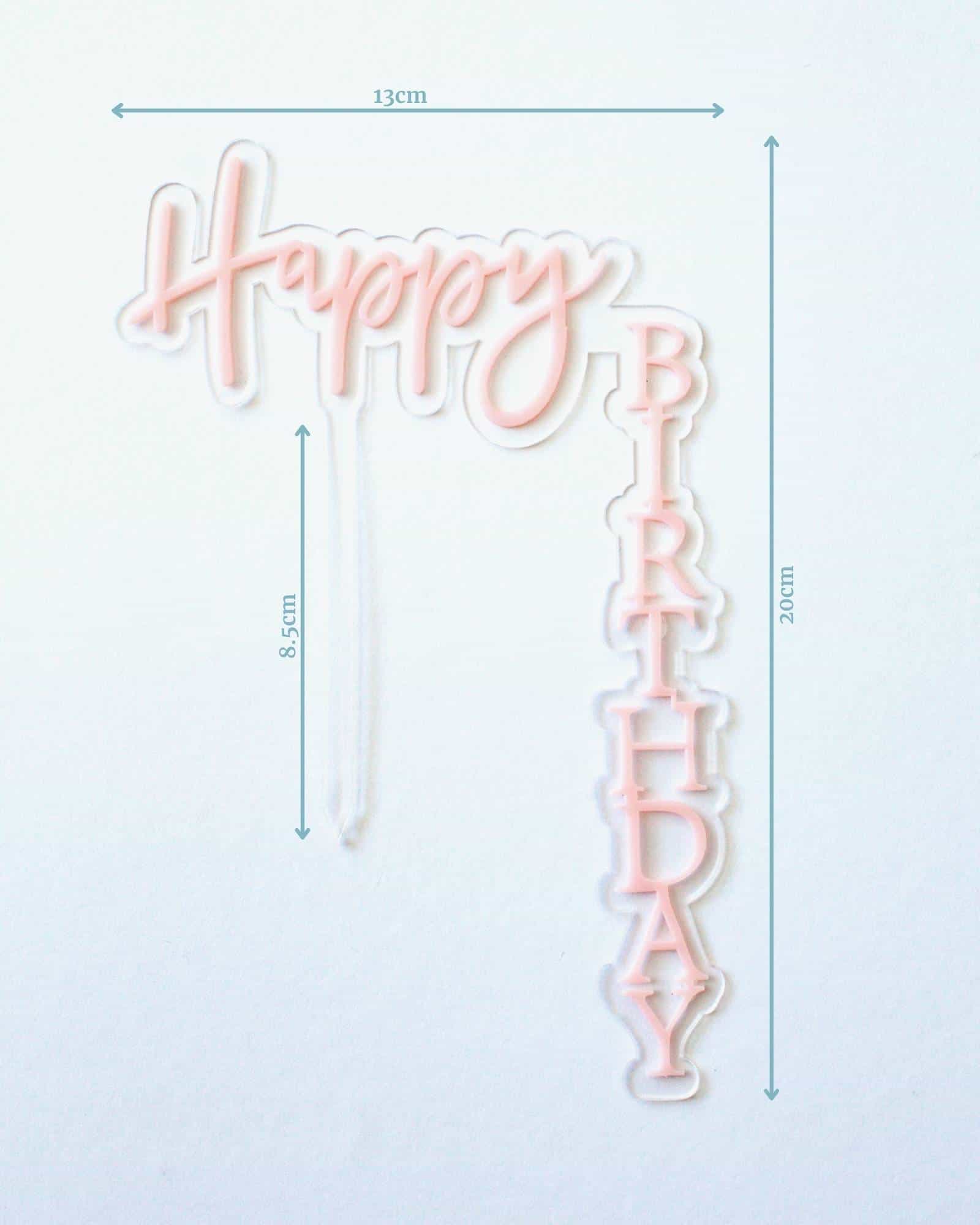 A pink "Happy Birthday" topper with measurements displayed: 13cm wide, 20cm tall, and 8.5cm depth.