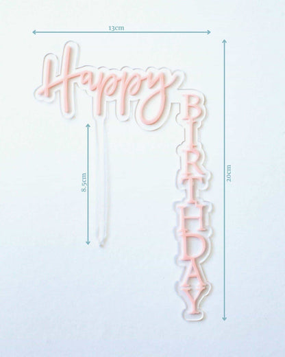 A pink "Happy Birthday" topper with measurements displayed: 13cm wide, 20cm tall, and 8.5cm depth.