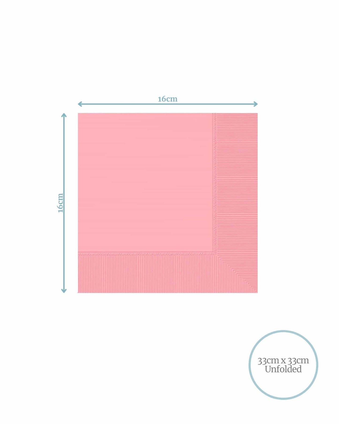 Pink square napkin with textured borders, measuring 16cm x 16cm, unfolds to 33cm x 33cm.