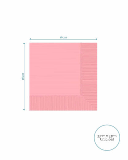 Pink square napkin with textured borders, measuring 16cm x 16cm, unfolds to 33cm x 33cm.