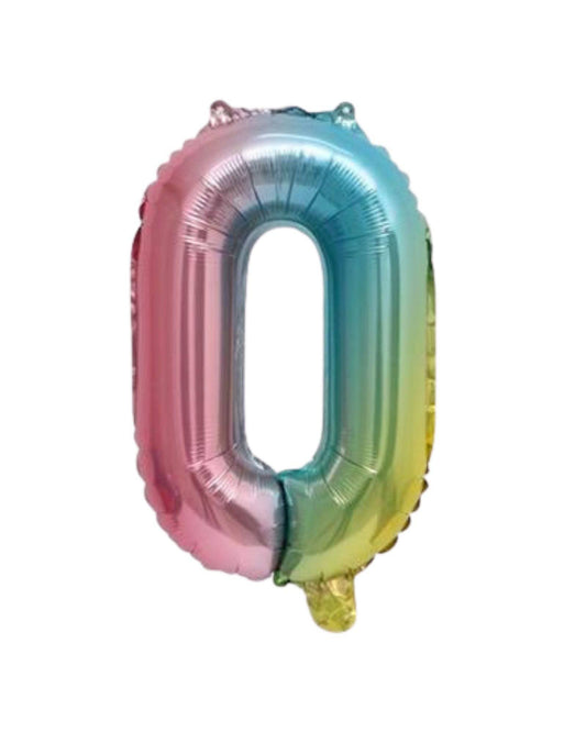 Shiny, rainbow-colored foil balloon shaped like the number zero, featuring a gradient from pink to blue to green.