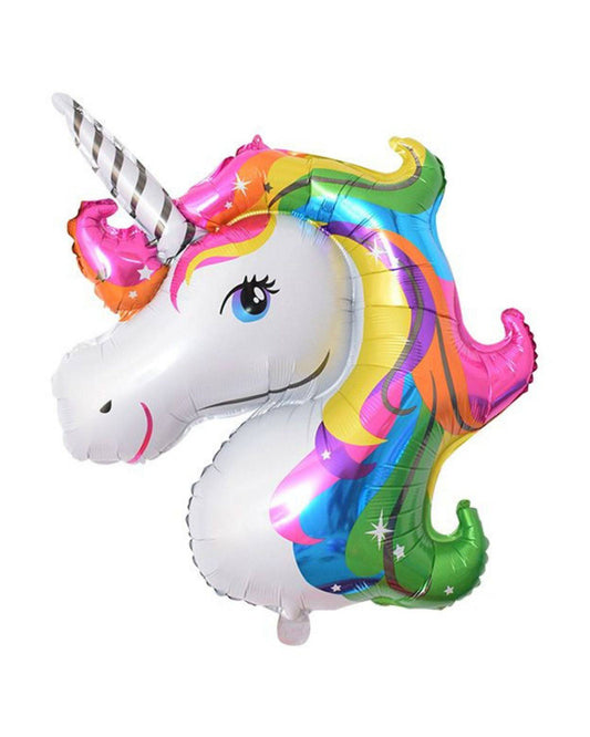 Colorful unicorn-shaped balloon with a shiny silver horn and vibrant, flowing mane in pink, yellow, and green hues.