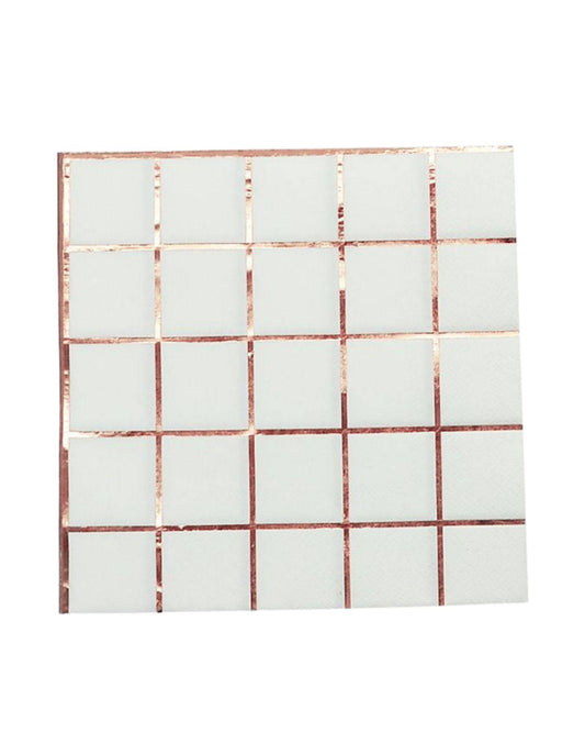 Rose gold checkered napkins feature a soft mint background with elegant metallic accents in a grid pattern.