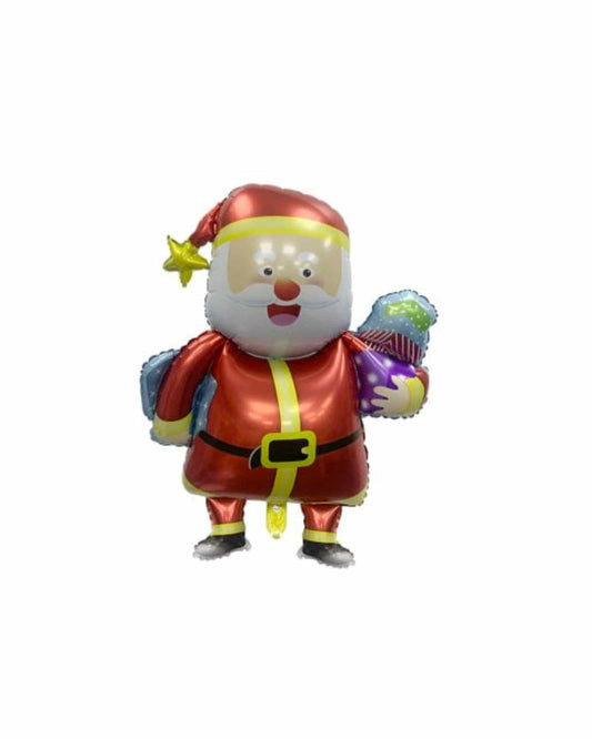 A shiny, colorful Santa Claus balloon holding gifts, featuring a cheerful expression and festive red attire.