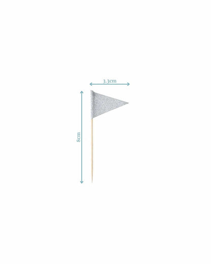 A sparkling silver flag on a wooden stick, measuring 8 cm tall and 3.3 cm wide.