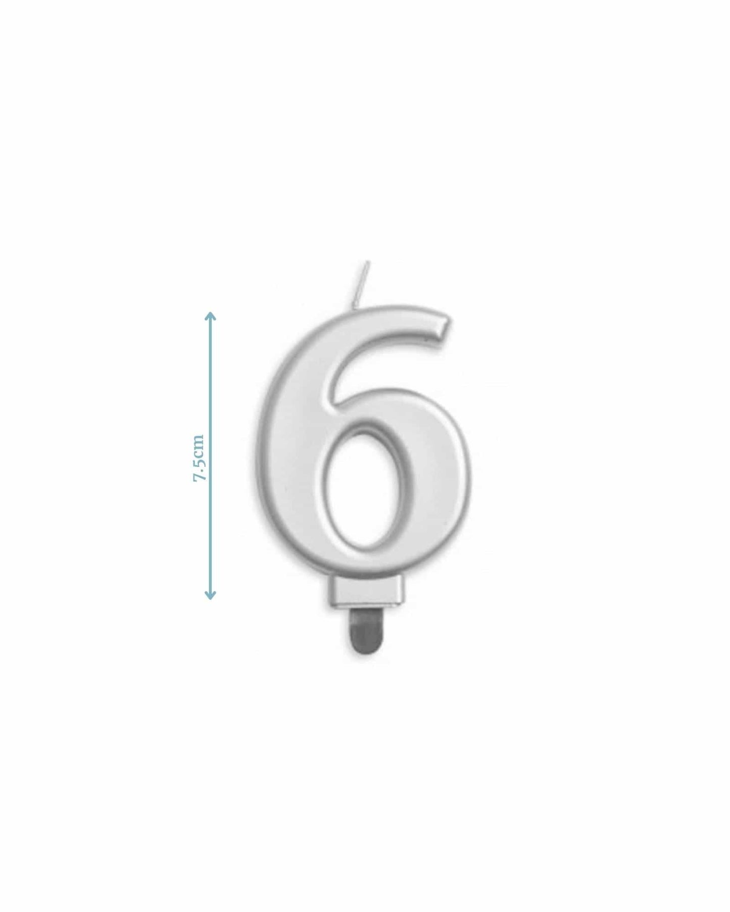 Silver numeral "6" candle measuring 7.5 cm tall, featuring a sleek, modern design with a smooth finish.