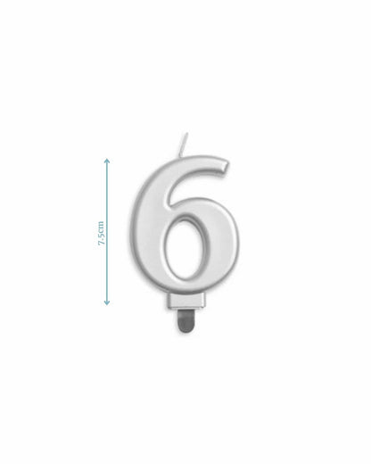 Silver numeral "6" candle measuring 7.5 cm tall, featuring a sleek, modern design with a smooth finish.