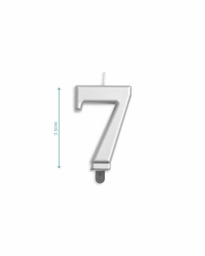 Silver number 7 candle measuring 7.5 cm in height, featuring a sleek, modern design with a white finish.