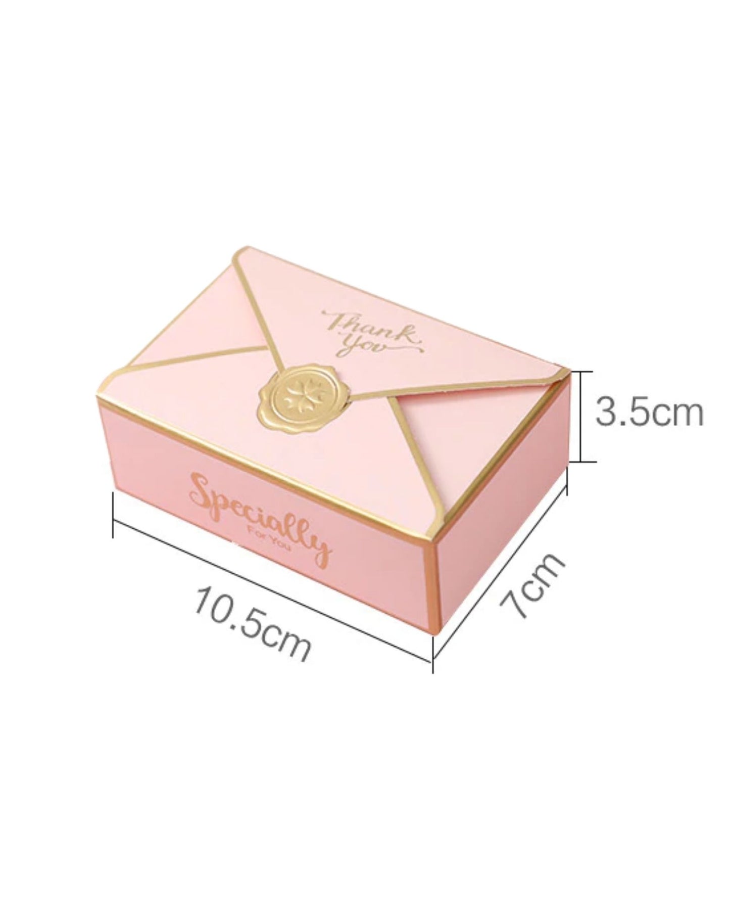 A pink box with a gold seal, elegantly embossed with "Thank you" and "Specially for you" in a graceful font.